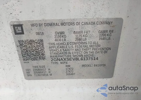 2020 Chevrolet Equinox Awd Ls из США, поврежденный, VIN 2GNAXSEV8L6137514